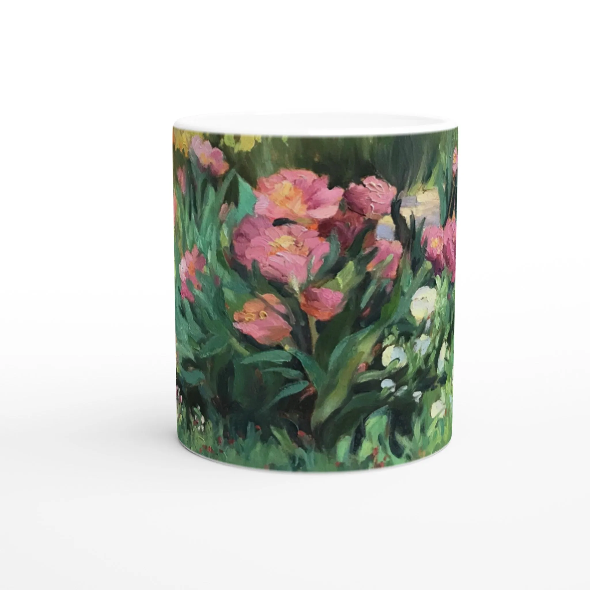 11oz White Ceramic Mug| Coffee Cup with 'Garden Peonies' Floral Artwork by American Artist Barbara Cleary