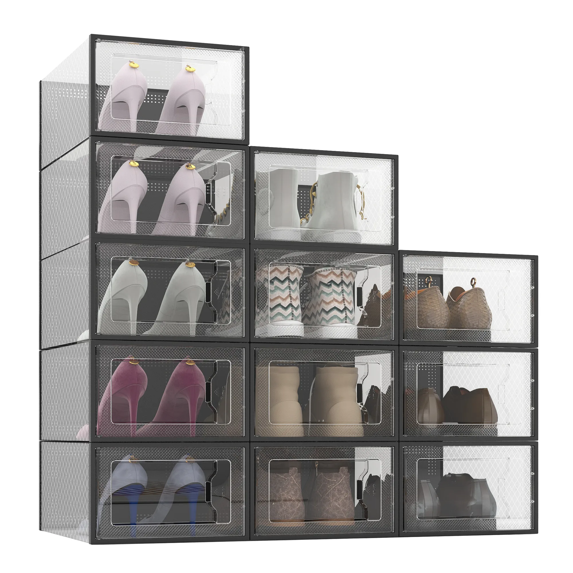 12 Pack Shoe Storage Box, Clear Plastic Stackable Shoe Organizer for Closet, Space Saving X-Large Foldable Shoe Sneaker Containers Bins Holders Fit up to Size 14 (Black)