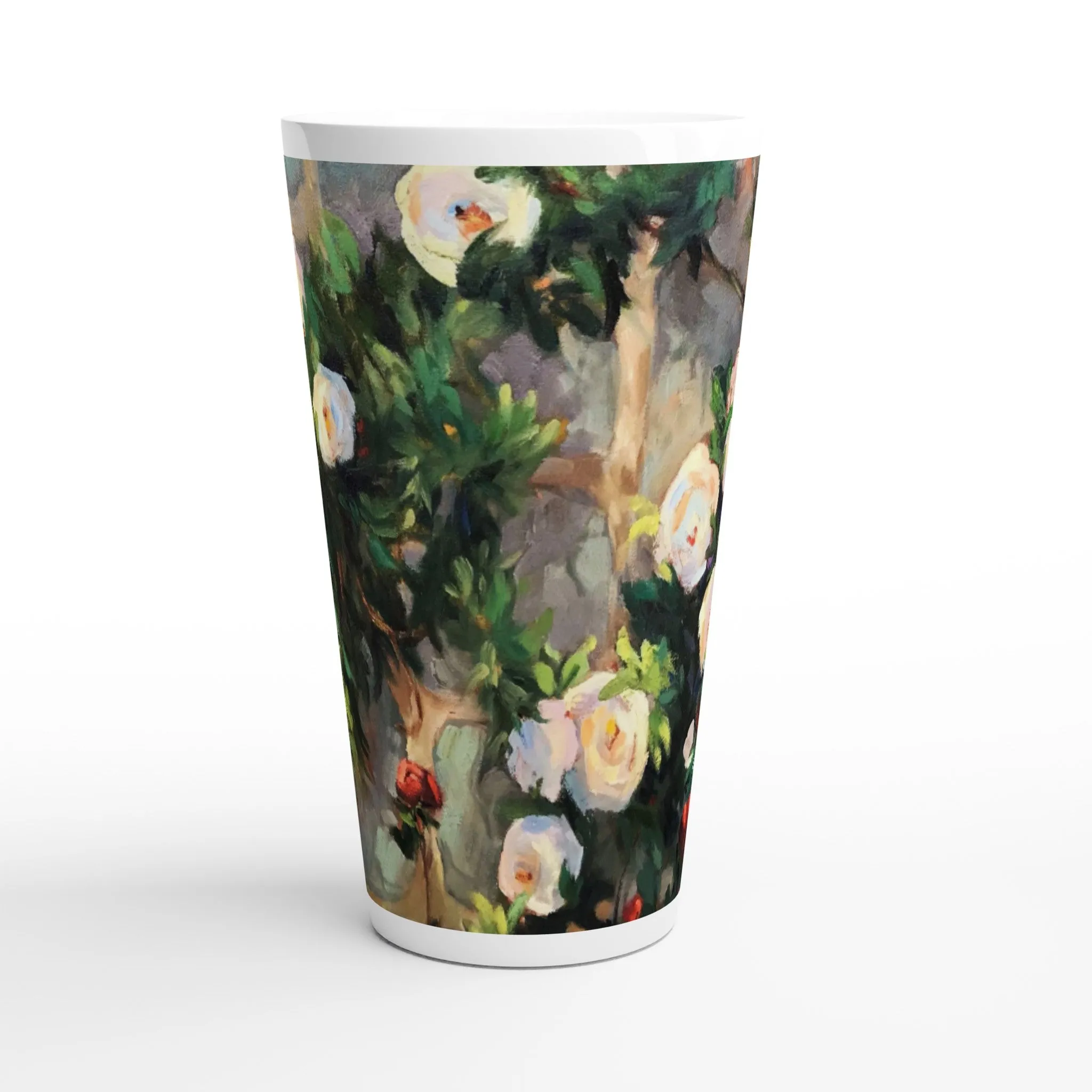 17oz White Ceramic Latte Mug | Coffee Cup with 'Vining White Roses' Floral Artwork by American Artist Barbara Cleary