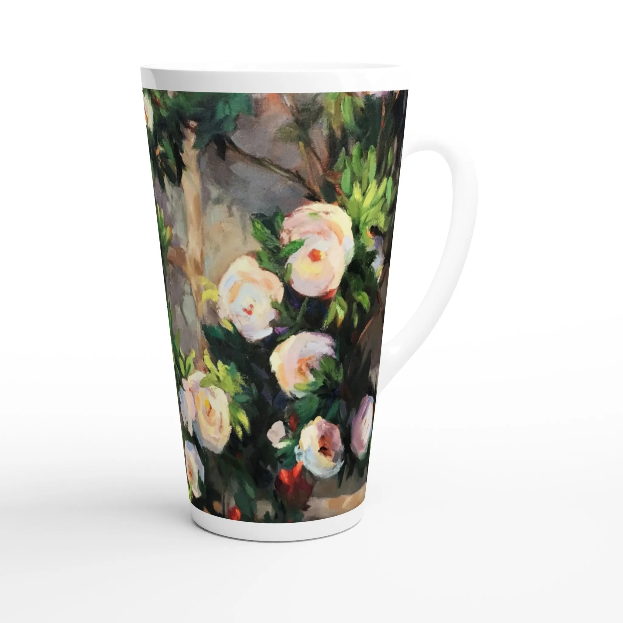 17oz White Ceramic Latte Mug | Coffee Cup with 'Vining White Roses' Floral Artwork by American Artist Barbara Cleary