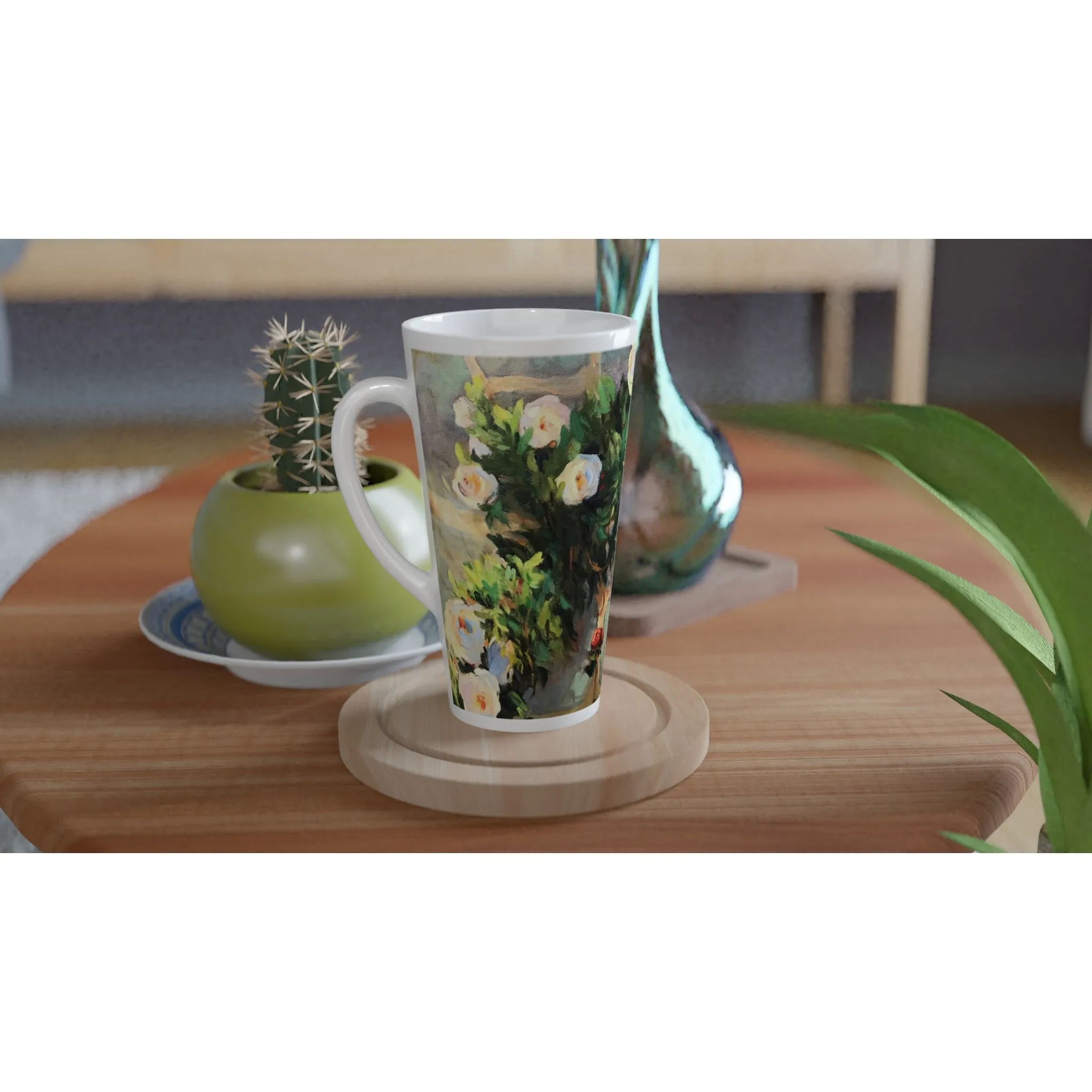 17oz White Ceramic Latte Mug | Coffee Cup with 'Vining White Roses' Floral Artwork by American Artist Barbara Cleary