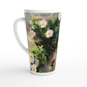 17oz White Ceramic Latte Mug | Coffee Cup with 'Vining White Roses' Floral Artwork by American Artist Barbara Cleary