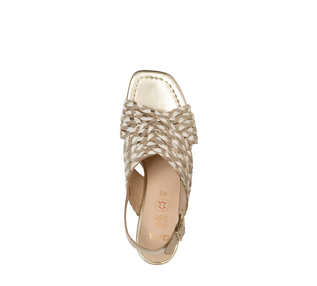 Ara Gold Summer Sandal with Block Heel and Crossover Straps