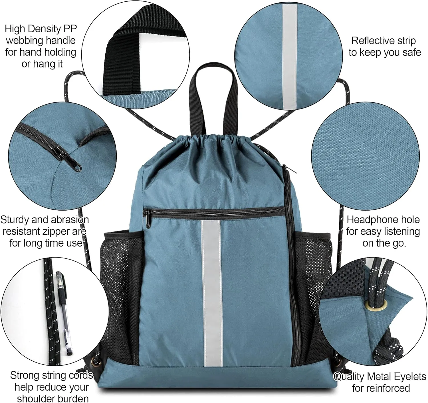 BeeGreen Drawstring Backpack Sports Gym Bag With Shoe Compartment and Two Water Bottle Holder 