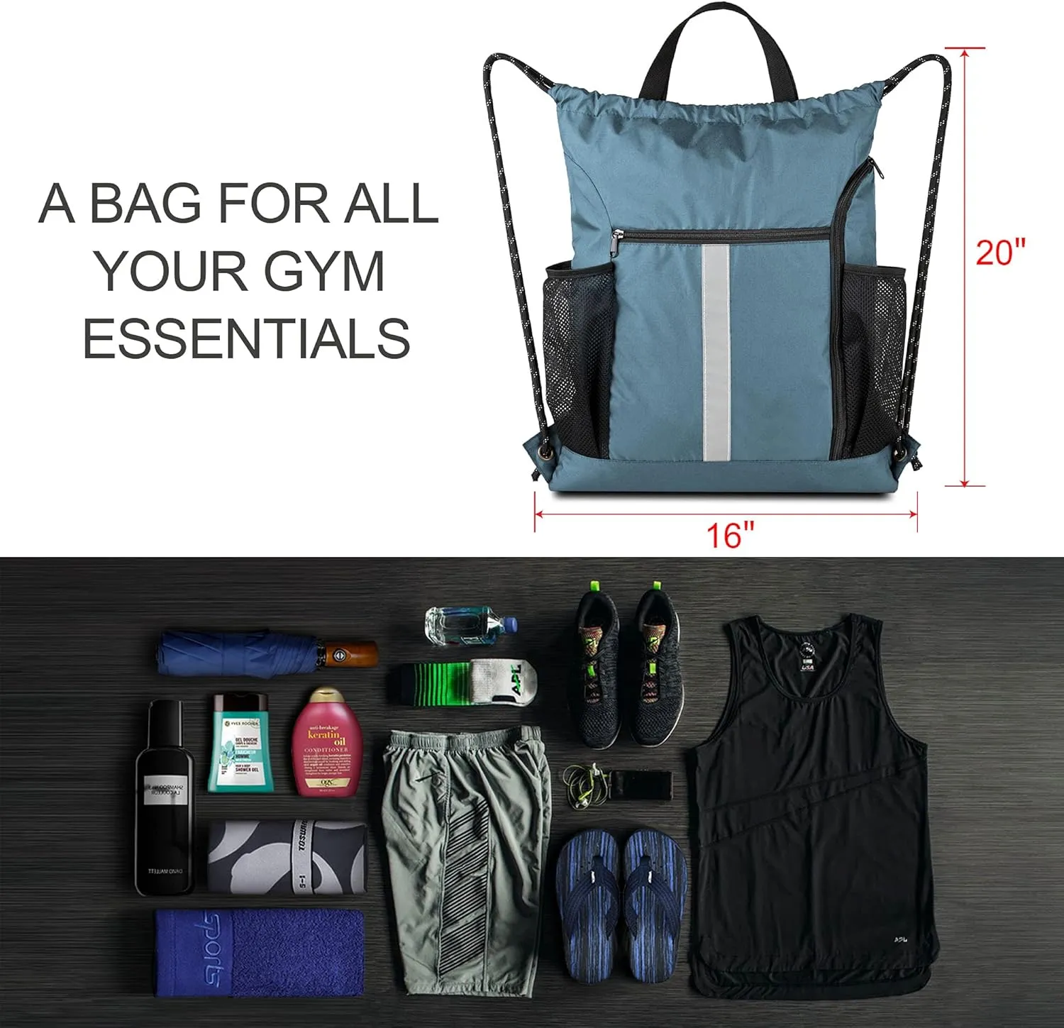 BeeGreen Drawstring Backpack Sports Gym Bag With Shoe Compartment and Two Water Bottle Holder 