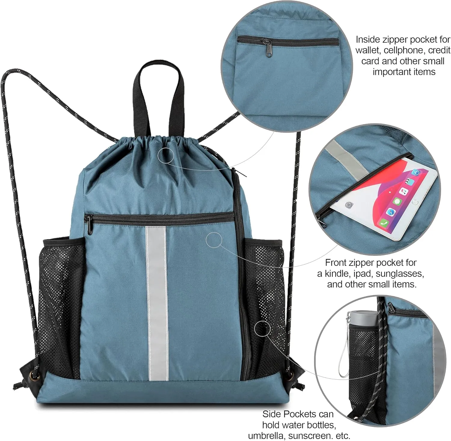 BeeGreen Drawstring Backpack Sports Gym Bag With Shoe Compartment and Two Water Bottle Holder 