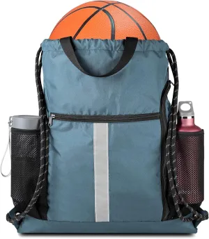 BeeGreen Drawstring Backpack Sports Gym Bag With Shoe Compartment and Two Water Bottle Holder 
