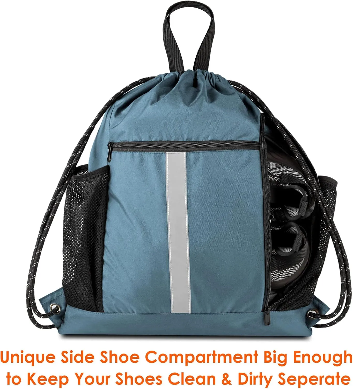 BeeGreen Drawstring Backpack Sports Gym Bag With Shoe Compartment and Two Water Bottle Holder 