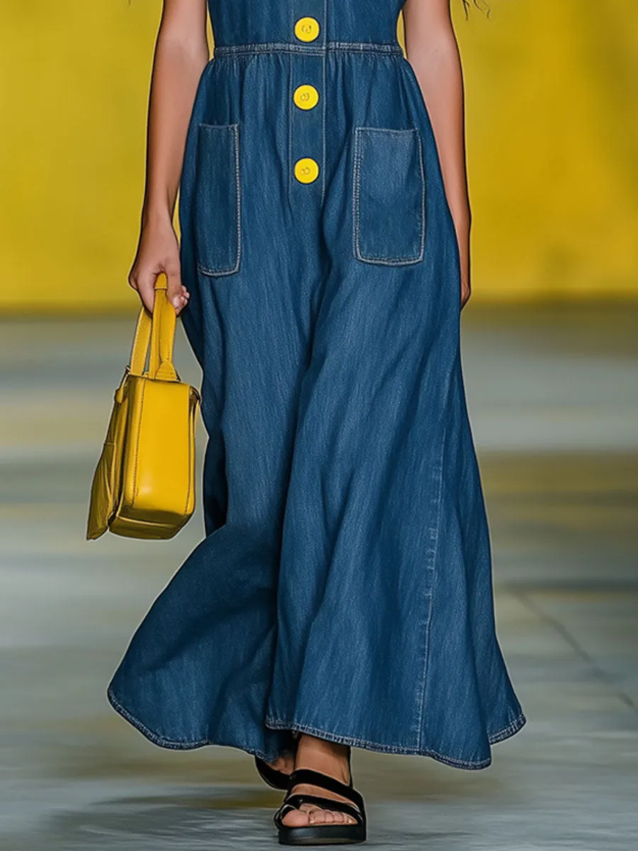 Casual Loose Vintage Blue Denim Multi-Pocket Sleeveless Maxi Dress