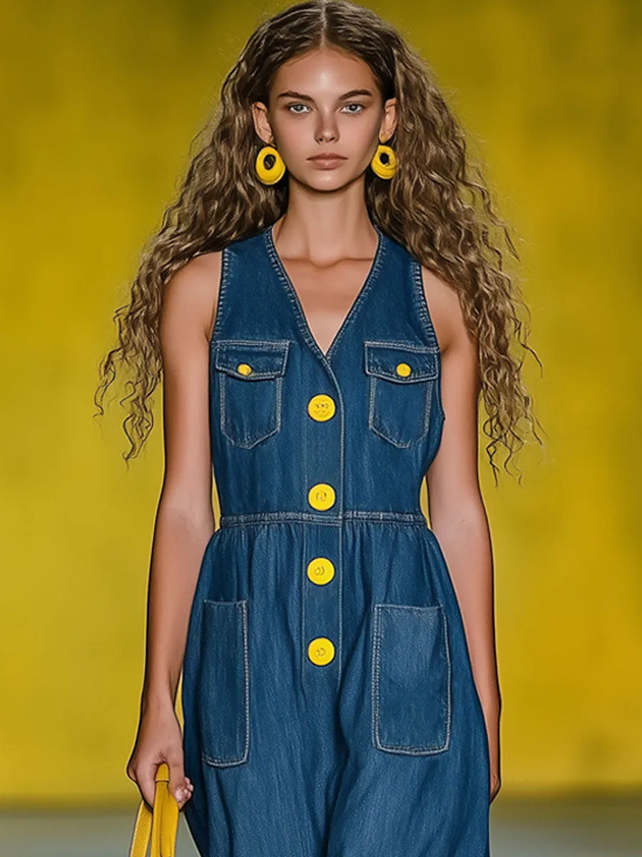 Casual Loose Vintage Blue Denim Multi-Pocket Sleeveless Maxi Dress