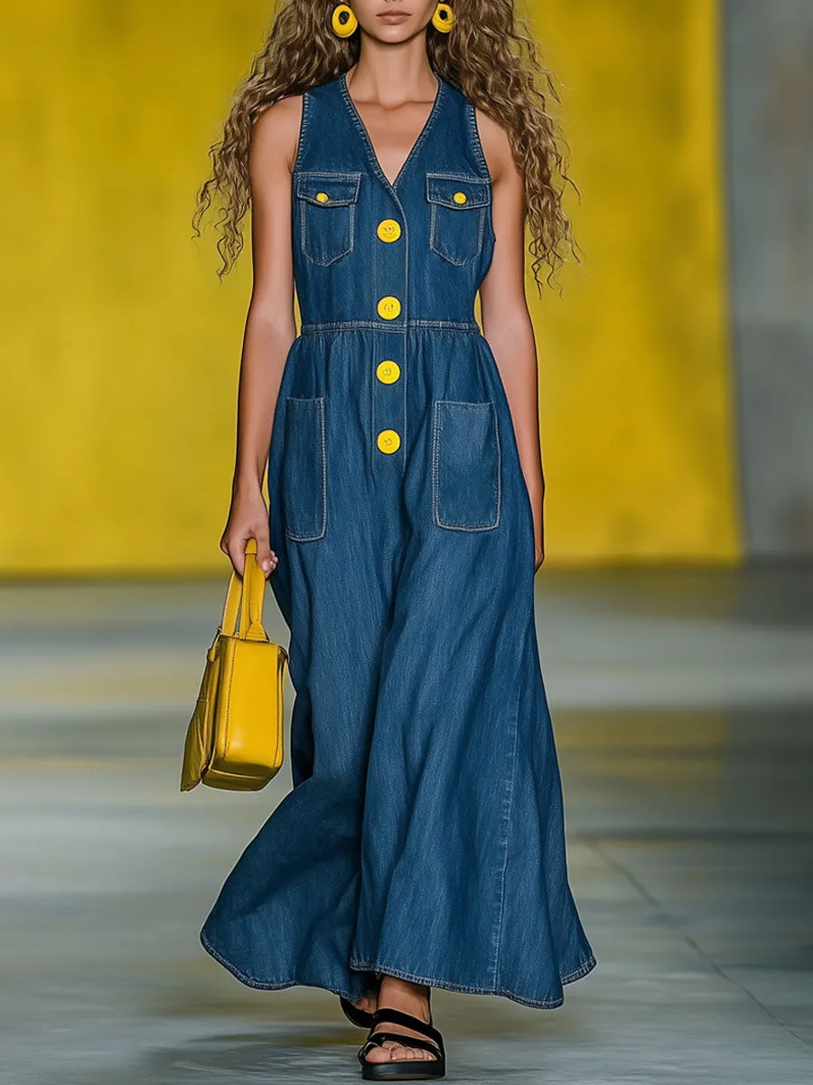 Casual Loose Vintage Blue Denim Multi-Pocket Sleeveless Maxi Dress