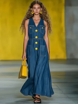 Casual Loose Vintage Blue Denim Multi-Pocket Sleeveless Maxi Dress