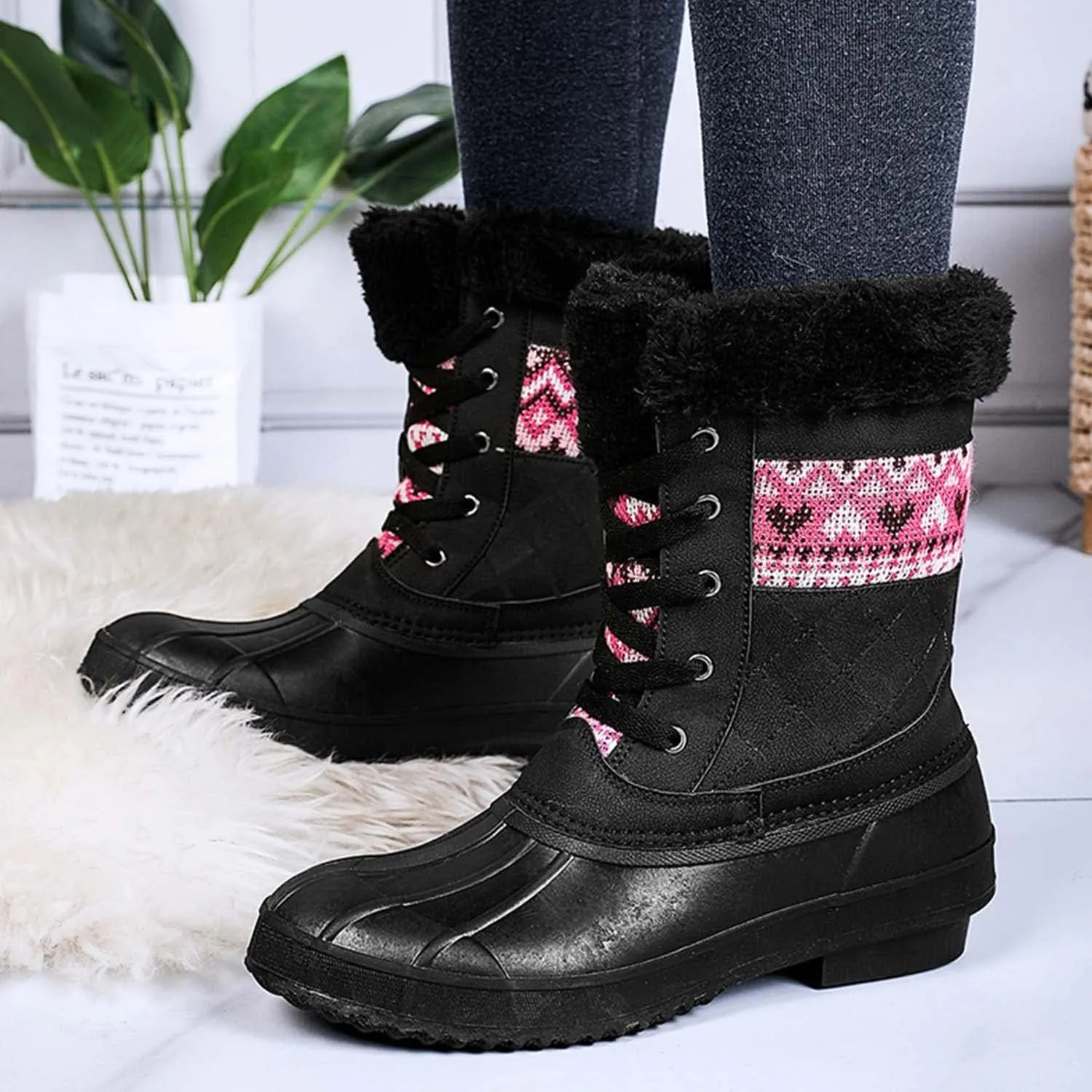 CERYTHRINA Womens Duck Boots Waterproof Warm Snow Boots Outdoor Warm Lined Winter Booties Mid-Calf Rain Boot