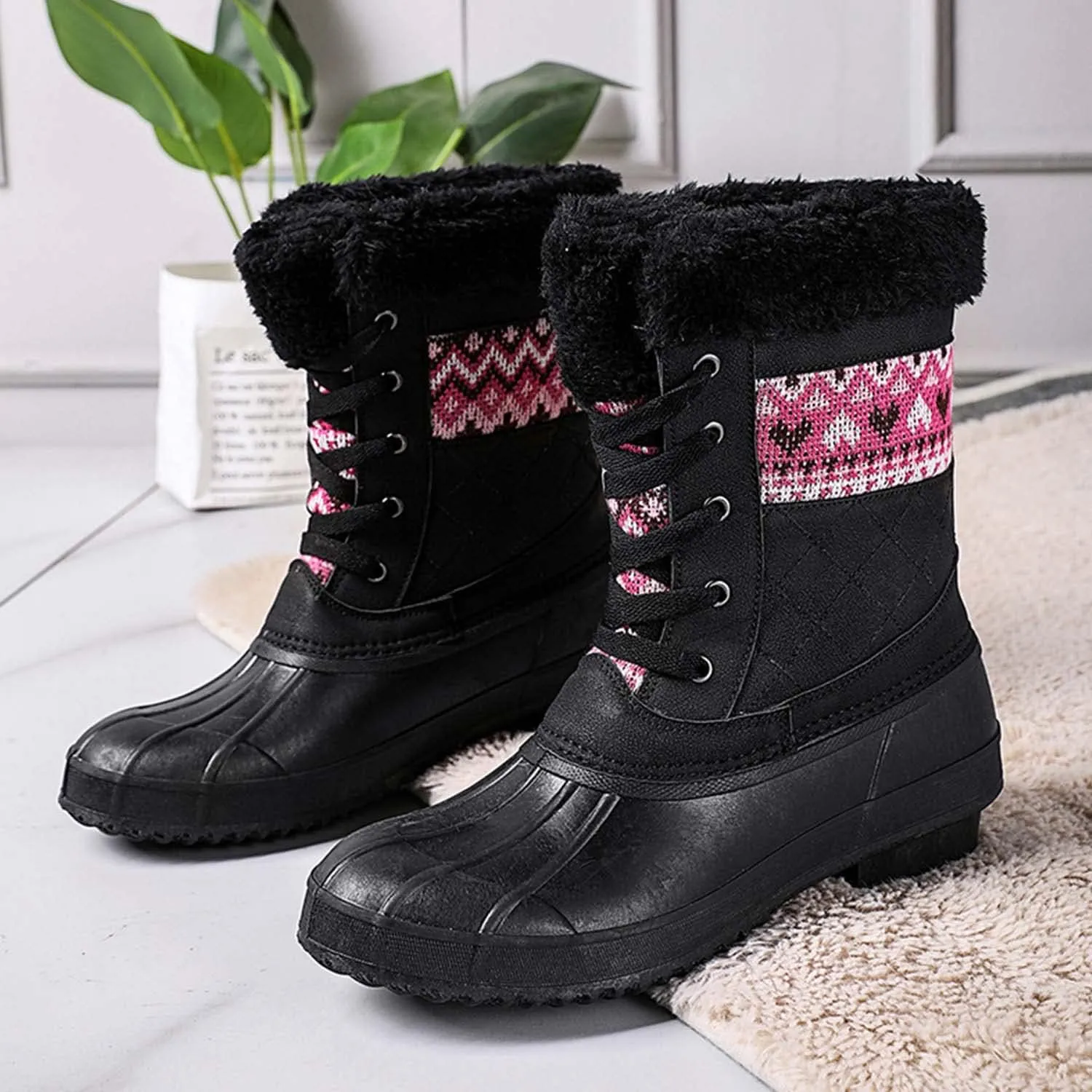CERYTHRINA Womens Duck Boots Waterproof Warm Snow Boots Outdoor Warm Lined Winter Booties Mid-Calf Rain Boot