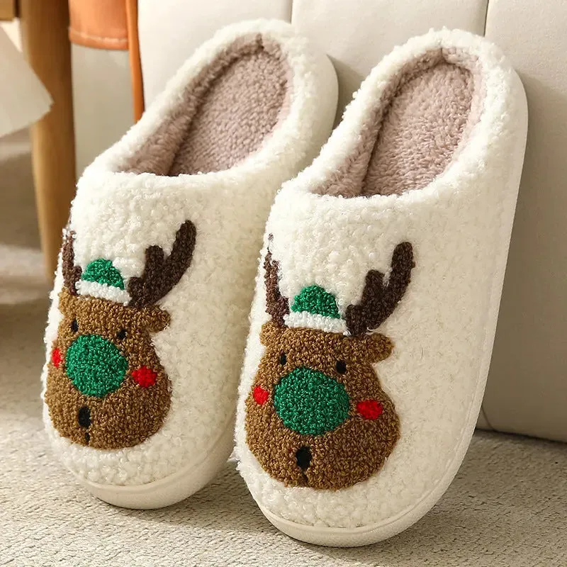 Christmas Reindeer Cotton Slippers for Couples - Cute Cartoon Design, Non-Slip, and Warm for Autumn and Winter