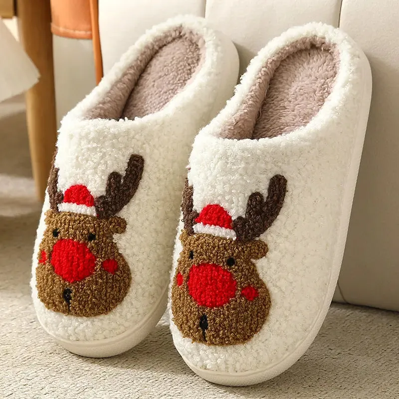 Christmas Reindeer Cotton Slippers for Couples - Cute Cartoon Design, Non-Slip, and Warm for Autumn and Winter