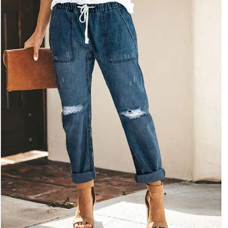 Cross-Border Wish AliExpress Women's Jeans Fashion Casual Street Hipster Korean Style Straight Leg Pants Ripped Trousers