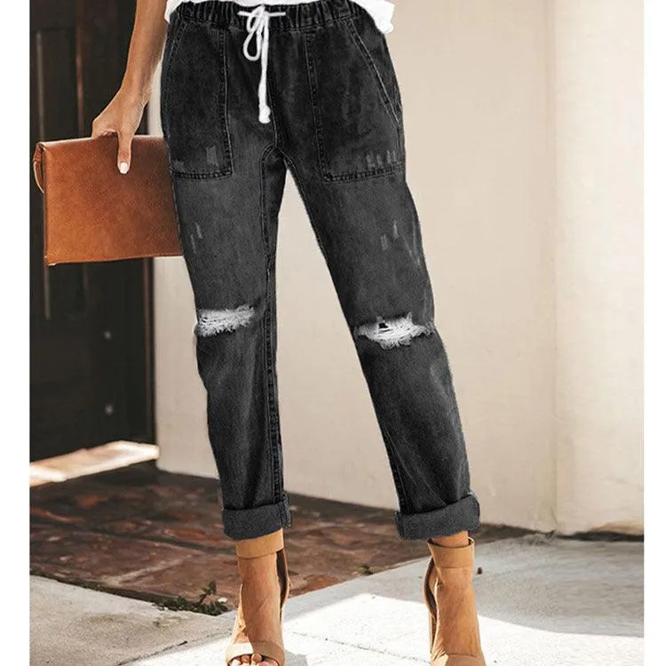 Cross-Border Wish AliExpress Women's Jeans Fashion Casual Street Hipster Korean Style Straight Leg Pants Ripped Trousers