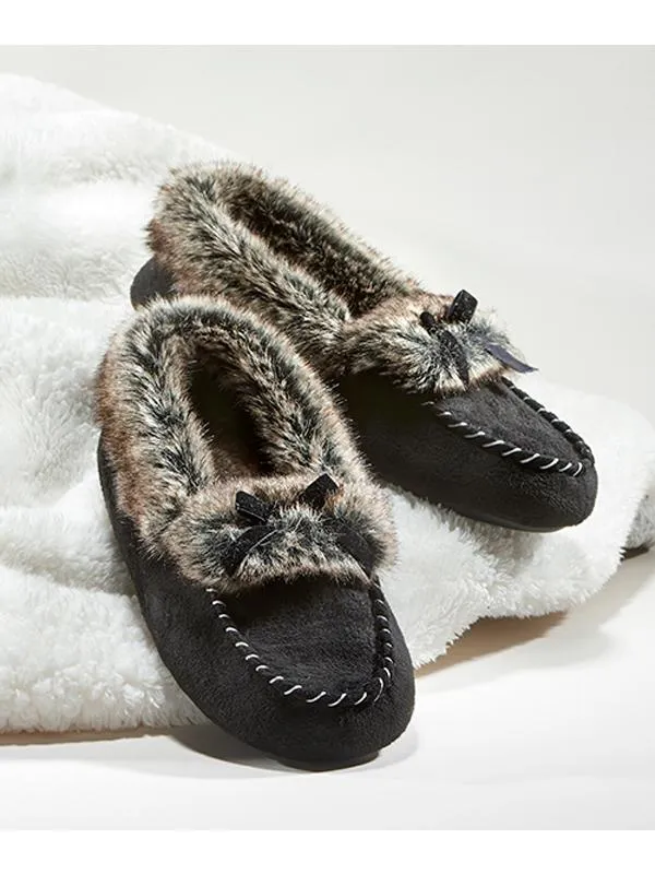 Faux fur lined slippers in black