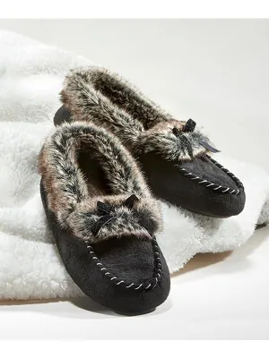 Faux fur lined slippers in black