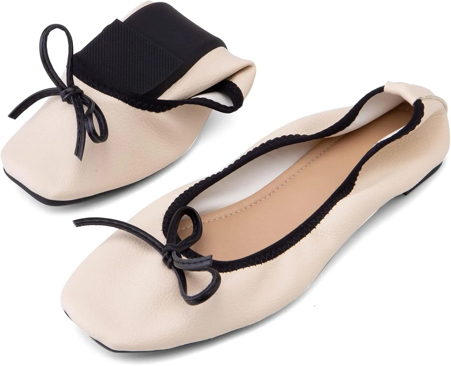 Gicoiz Foldable Flats Womens Square Toe Bowtie Ballerina Slippers