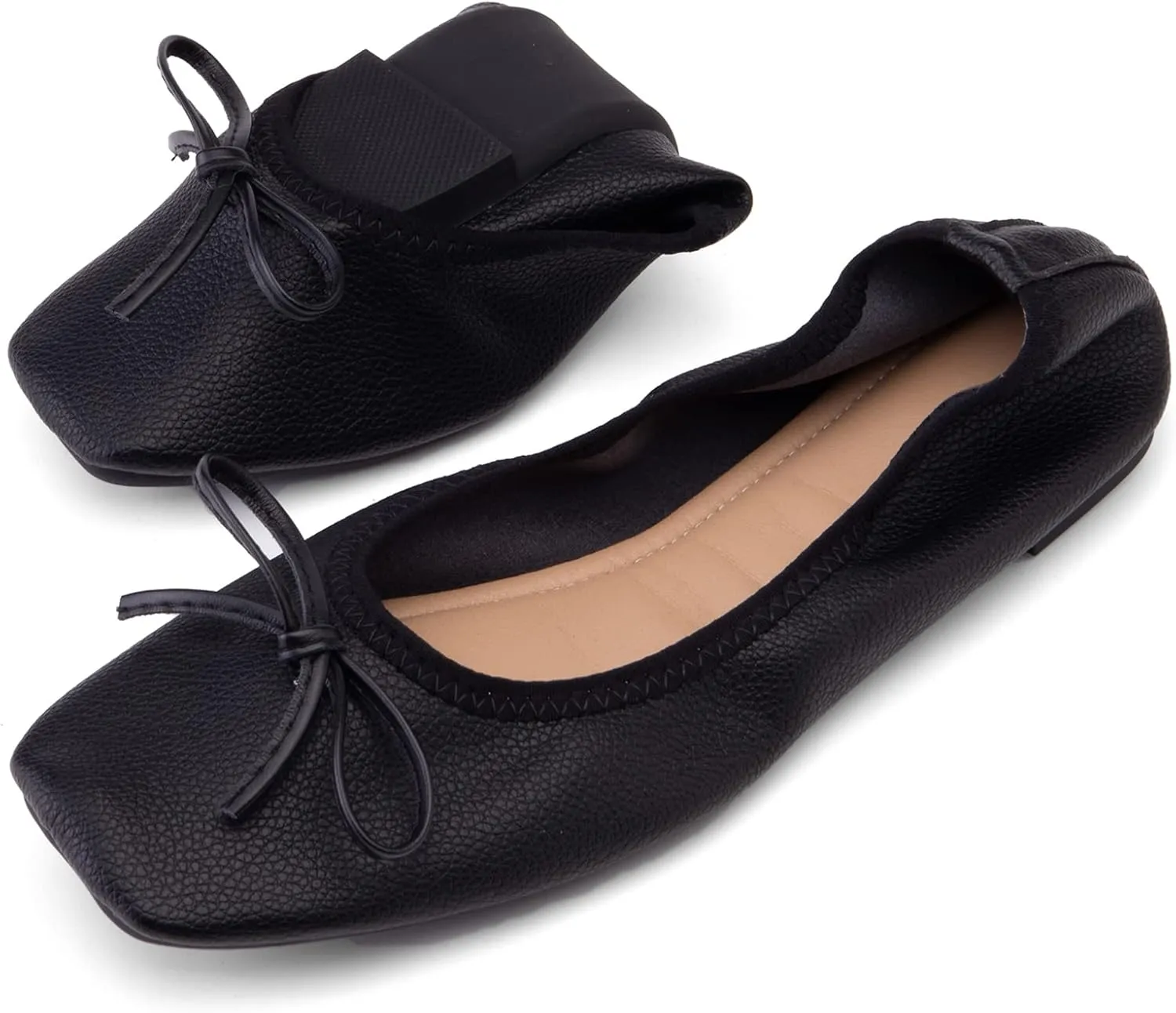 Gicoiz Foldable Flats Womens Square Toe Bowtie Ballerina Slippers
