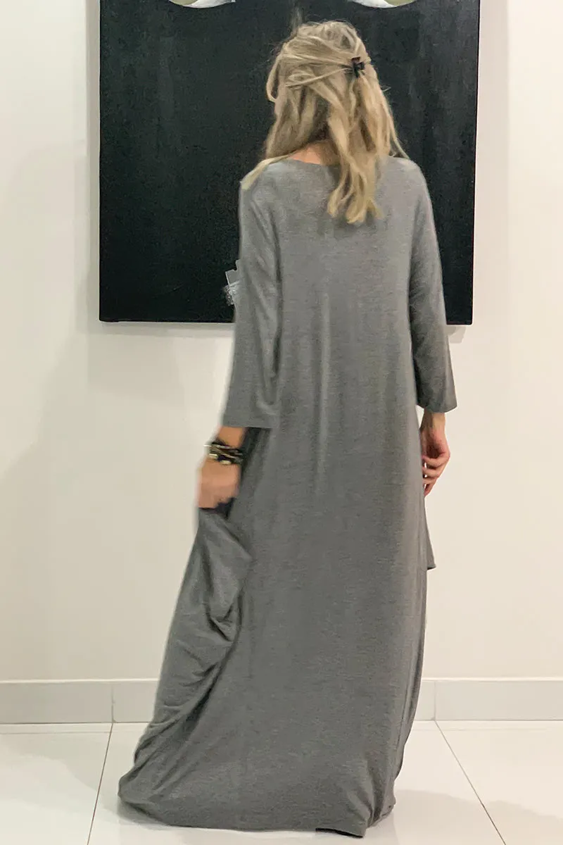 Hippie Soul Long V-Neck Cotton Dress - Grey/ Black