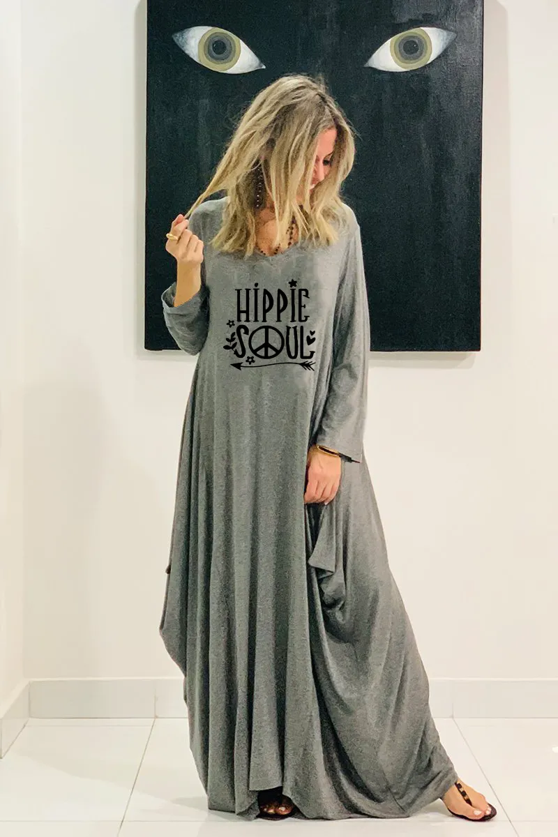 Hippie Soul Long V-Neck Cotton Dress - Grey/ Black