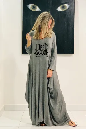 Hippie Soul Long V-Neck Cotton Dress - Grey/ Black