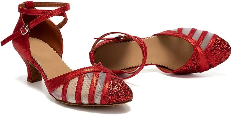 HIPPOSEUS Women's Closed Toe Latin Ballroom Dance Shoes Sequin Salsa Tango Scocial Practice Dancer Shoes,Model 105