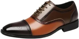 HOOENG Dress Oxford Shoes for Men Lace Up Square Toe Brogue Cap Toe PU Leather Oxford Shoes Slip Resistant Anti-Slip Low Top Prom(Color:Brown and Yellow,Size:10)