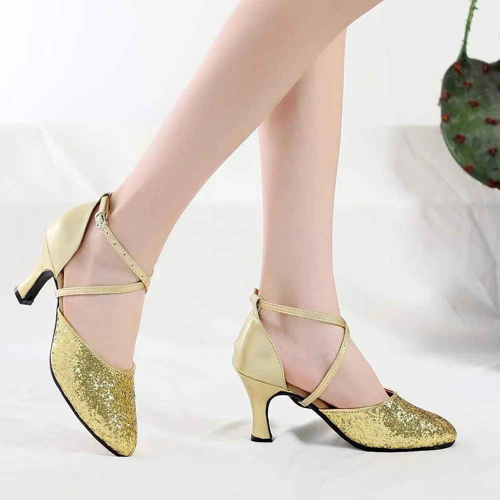 JUODVMP Closed Toe Ballroom Dance Shoes for Women Glitter Split Character Shoes Dancing Pumps