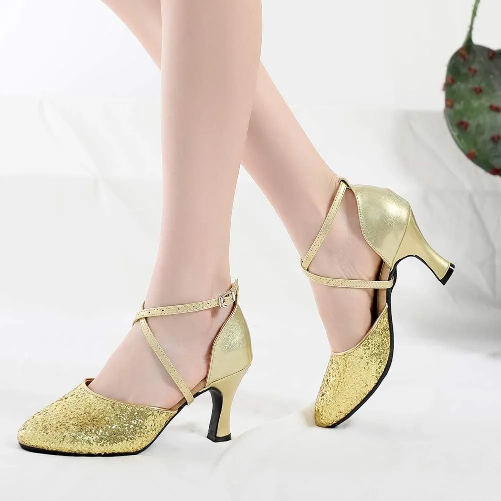 JUODVMP Closed Toe Ballroom Dance Shoes for Women Glitter Split Character Shoes Dancing Pumps