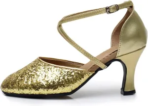 JUODVMP Closed Toe Ballroom Dance Shoes for Women Glitter Split Character Shoes Dancing Pumps