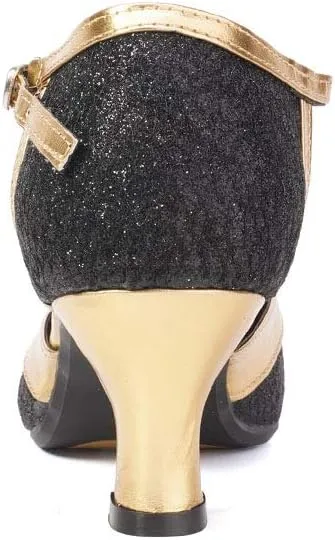 JUODVMP Women's 1920s Shoes Glitter Flapper Gatsby Shoes Latin Tango Salsa Ballroom Dance Heels
