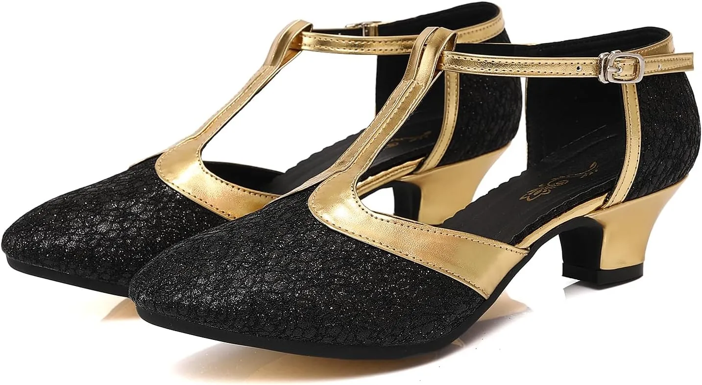 JUODVMP Women's 1920s Shoes Glitter Flapper Gatsby Shoes Latin Tango Salsa Ballroom Dance Heels
