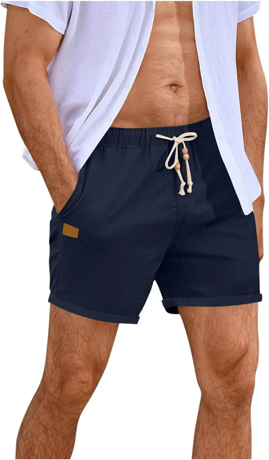Linen Shorts for Men Casual Drawstring Elastic Waist Quick Dry Summer Beach Shorts with Pockets for Summer