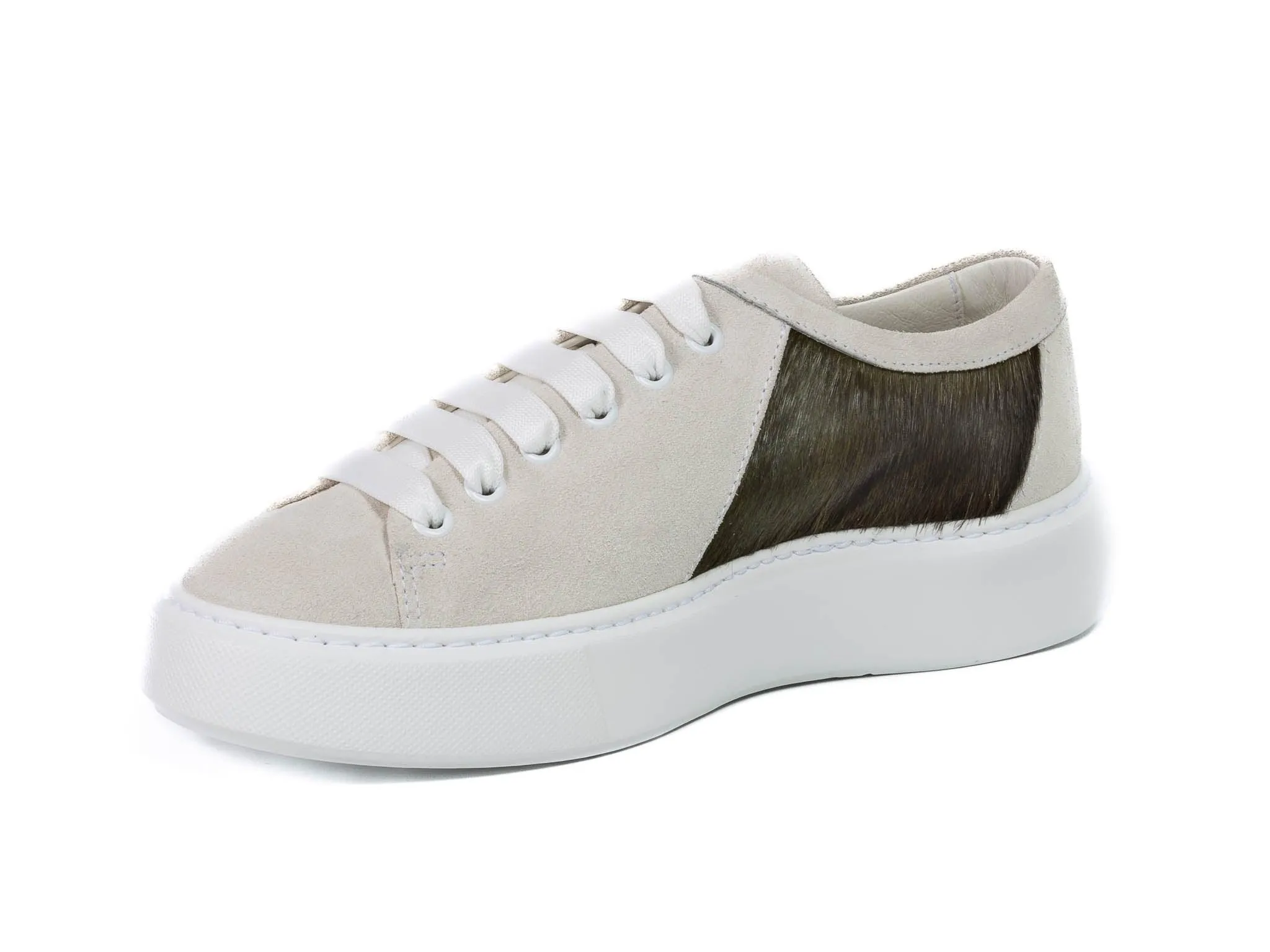 Military Green Hair-on-hide Trainer with White Suede Leather