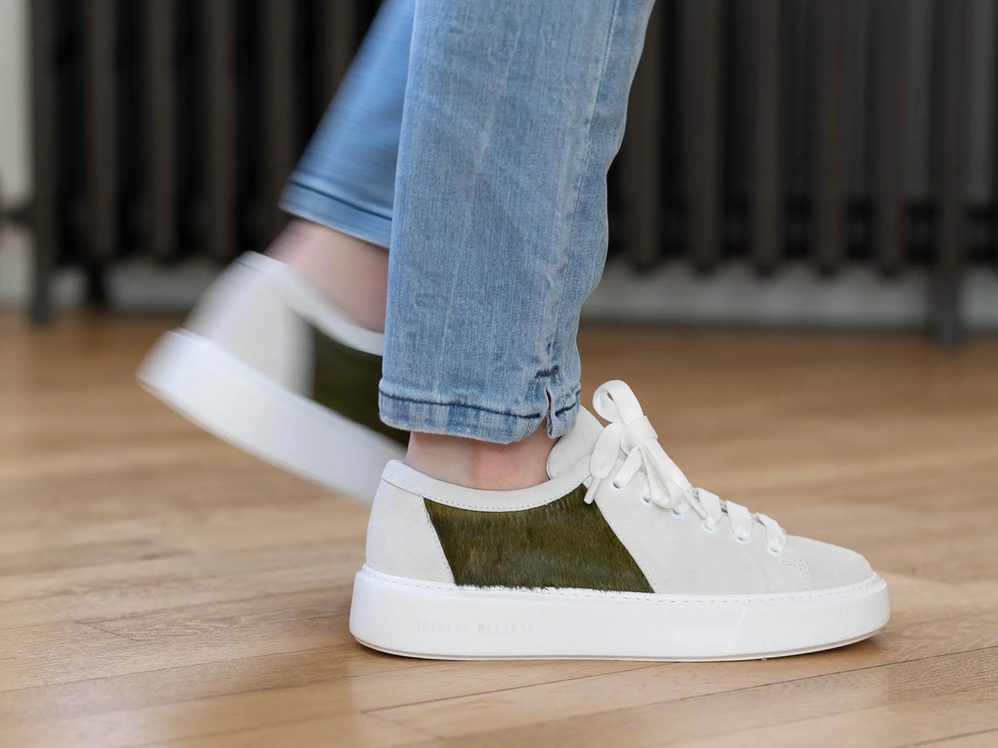 Military Green Hair-on-hide Trainer with White Suede Leather