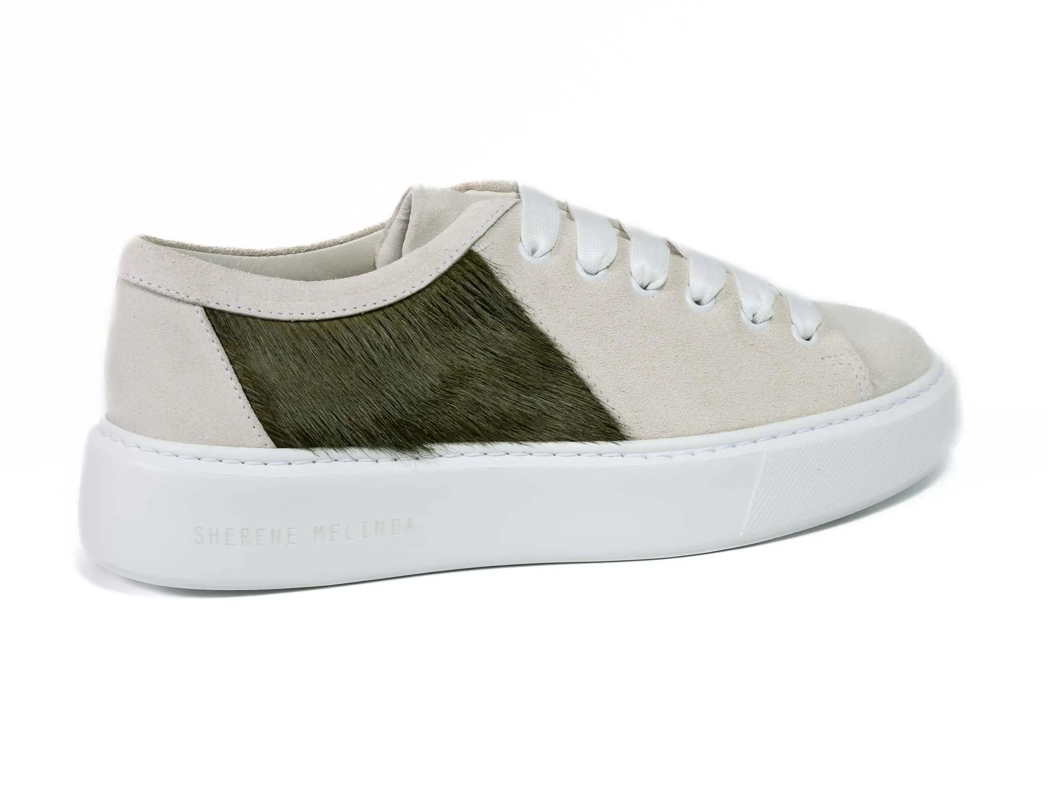 Military Green Hair-on-hide Trainer with White Suede Leather