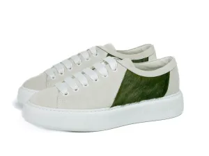 Military Green Hair-on-hide Trainer with White Suede Leather