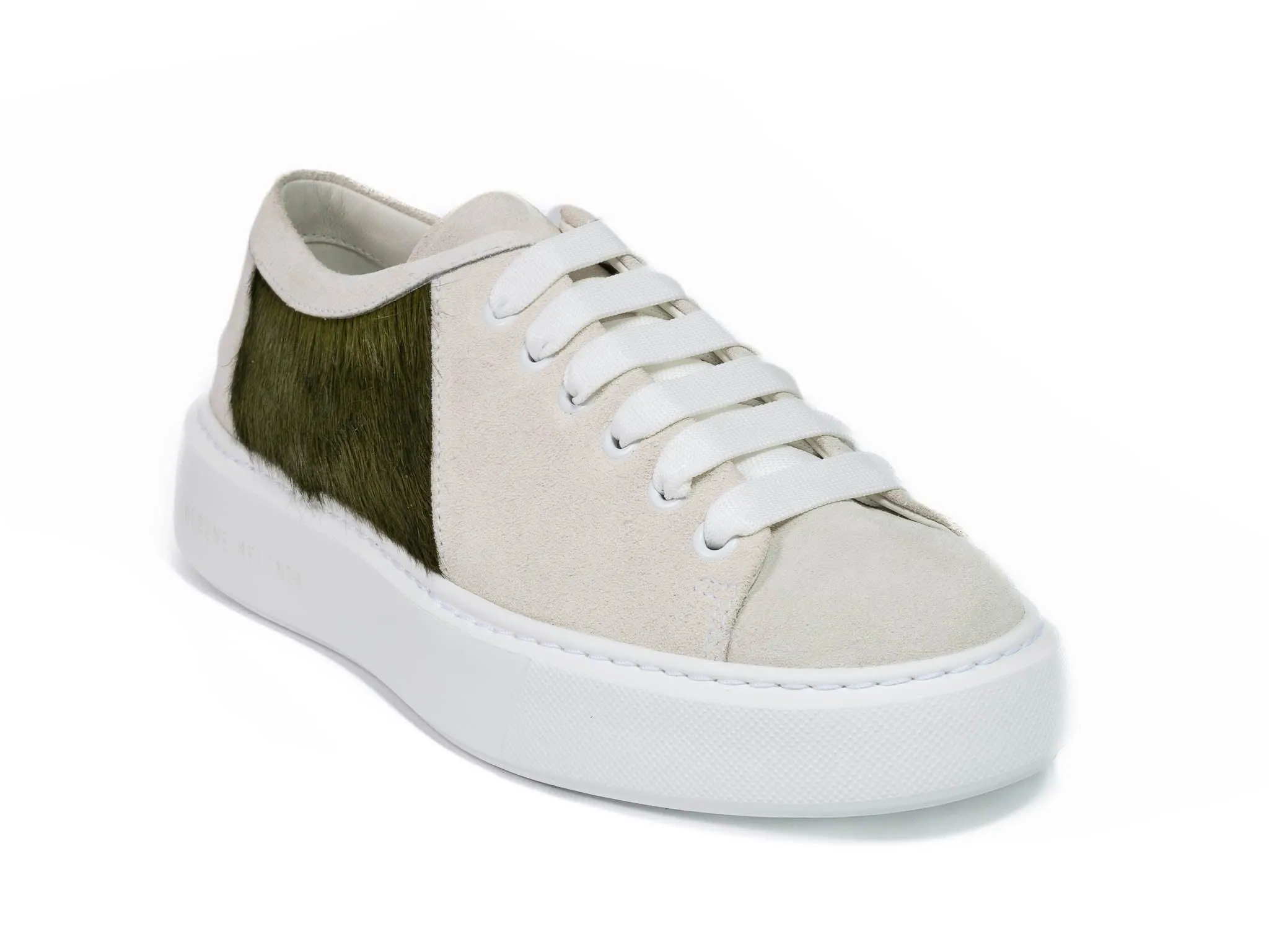 Military Green Hair-on-hide Trainer with White Suede Leather