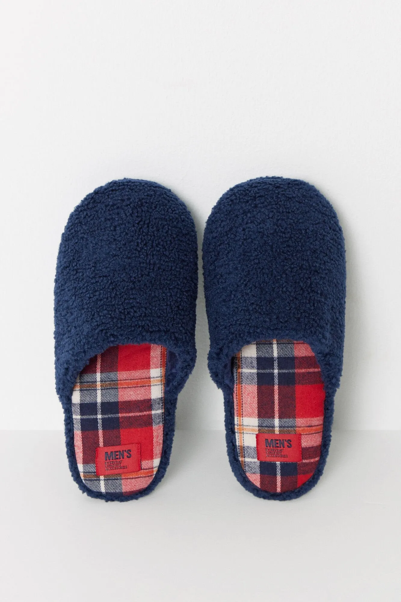 Navy blue faux shearling slippers