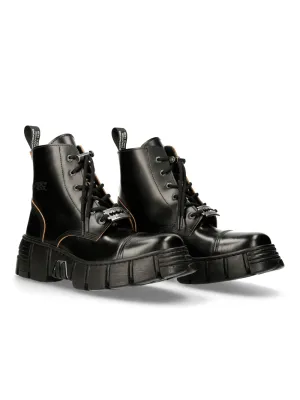 NEW ROCK Rugged Black Leather Lace-Up Ankle Boots