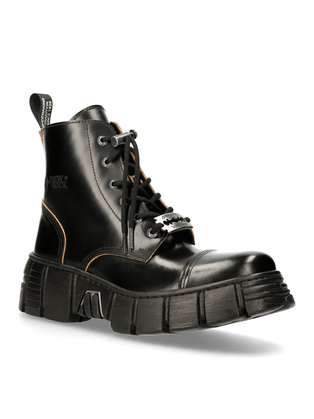NEW ROCK Rugged Black Leather Lace-Up Ankle Boots