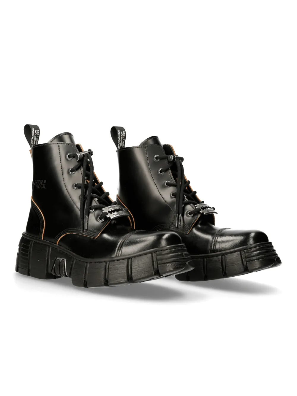 NEW ROCK Rugged Black Leather Lace-Up Ankle Boots