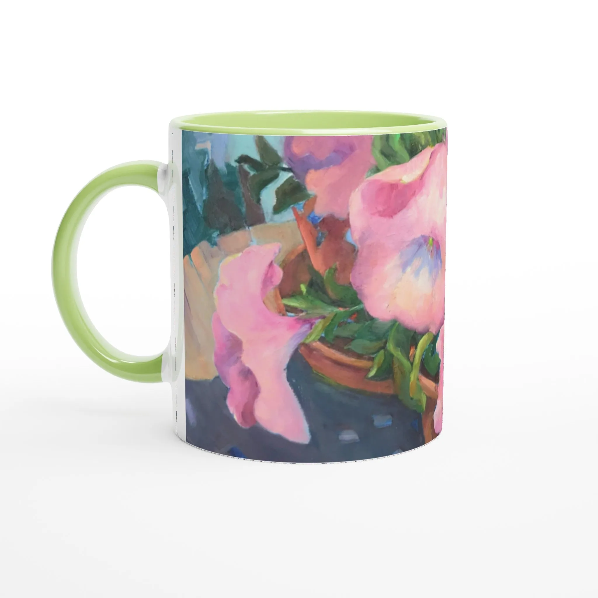 'Pink Petals in Bloom'  11oz White Ceramic Mug with Color Inside | Coffee Cup with 'May's First Born' Floral Artwork by American Artist Barbara Cleary