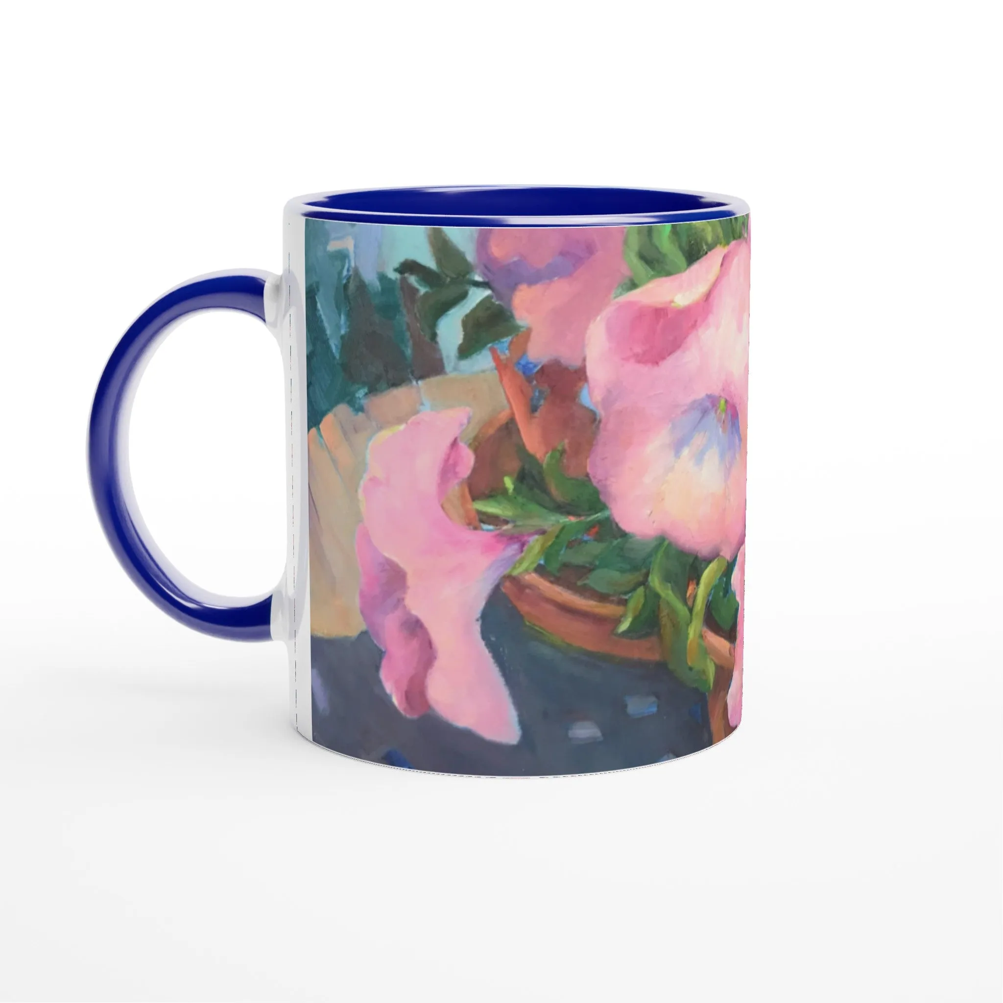 'Pink Petals in Bloom'  11oz White Ceramic Mug with Color Inside | Coffee Cup with 'May's First Born' Floral Artwork by American Artist Barbara Cleary