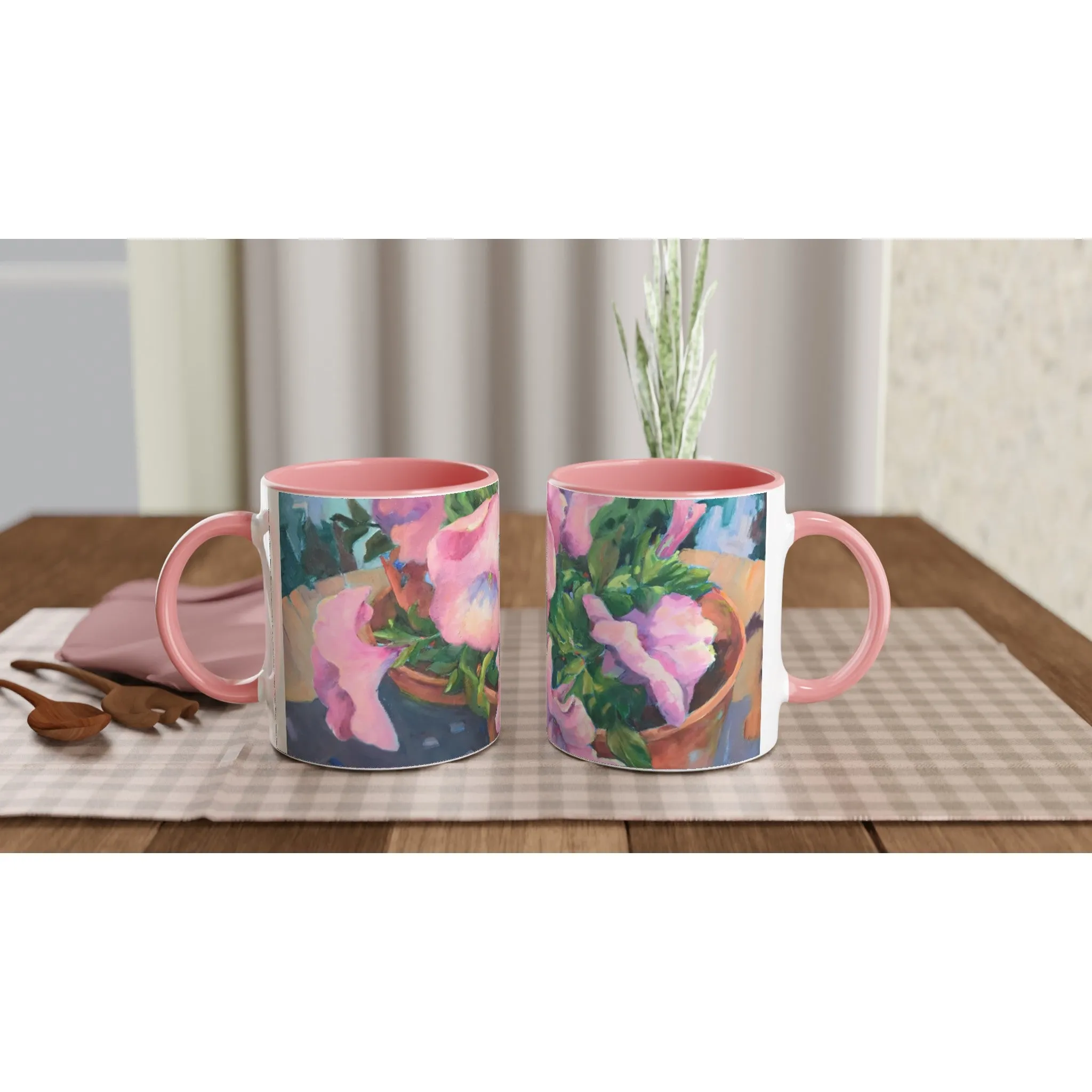 'Pink Petals in Bloom'  11oz White Ceramic Mug with Color Inside | Coffee Cup with 'May's First Born' Floral Artwork by American Artist Barbara Cleary