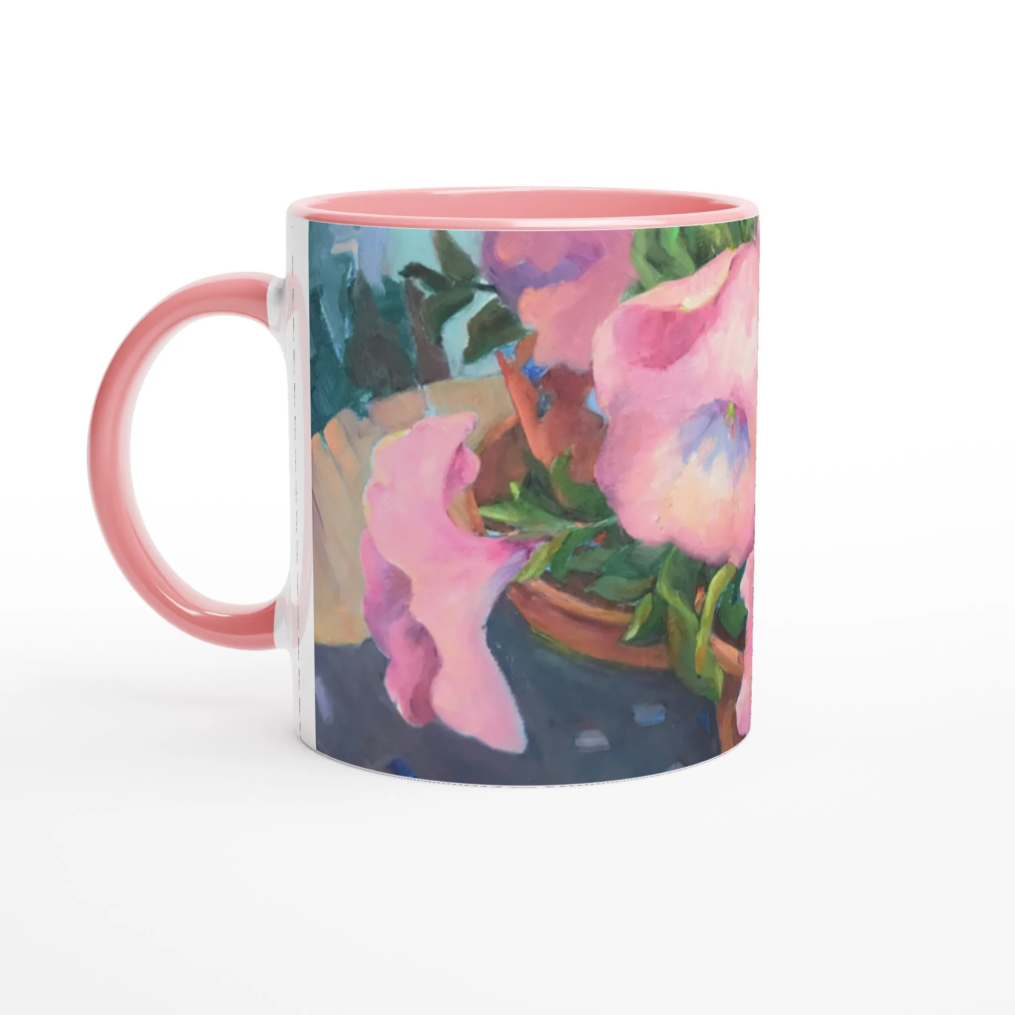 'Pink Petals in Bloom'  11oz White Ceramic Mug with Color Inside | Coffee Cup with 'May's First Born' Floral Artwork by American Artist Barbara Cleary